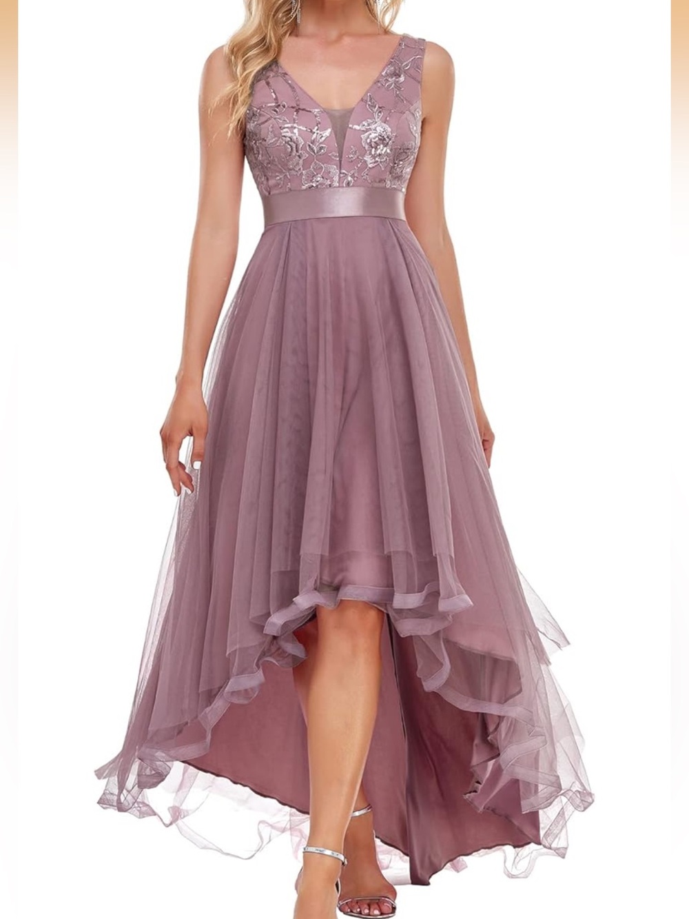 Ever Pretty Dusty Mauve V-Neck High-Low Tulle Dress